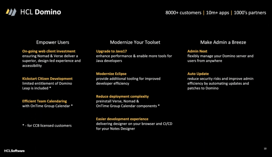 HCL Domino features list in black background with yellow and white text: Empower Users, Modernize Toolset, Make Admin a Breeze.