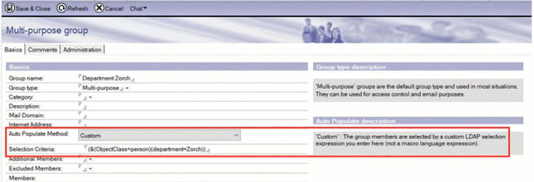 Interface for managing a multi-purpose group; features dropdowns for settings and custom LDAP criteria. Grey background with text details.