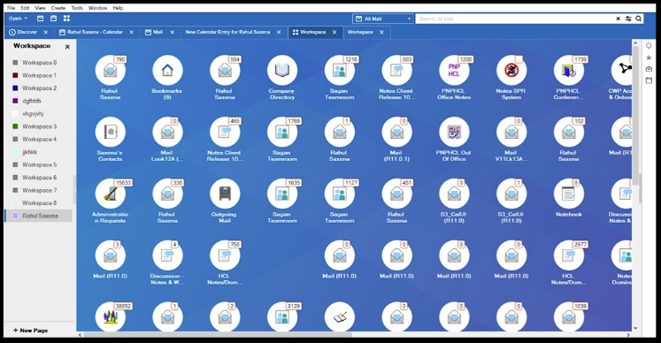 Desktop interface with icons in circular patterns on a blue gradient background. Text includes "Workspace" and various mail and folder labels.