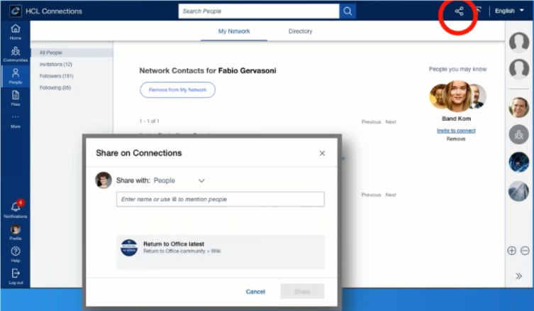 HCL Connections interface showing network contacts for Fabio Gervasoni. A "Share on Connections" popup prompts user to mention people.