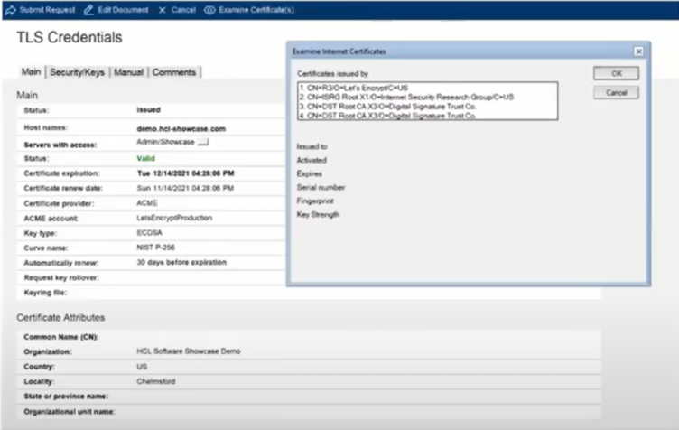 A software interface showing TLS Credentials details and a pop-up for examining internet certificates. Text includes domain and status info.