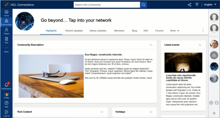 HCL Connections dashboard with network prompt. Wooden desk, laptop, glasses in image. Side panel has events. Blue and white interface.