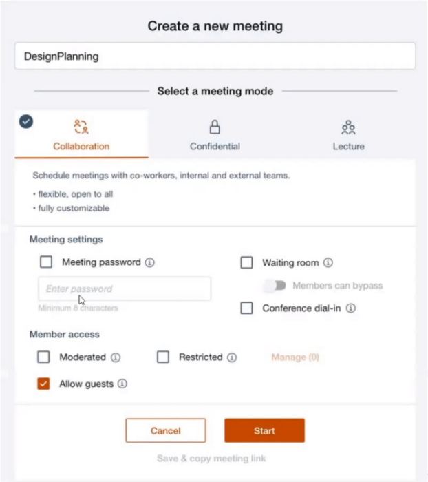 Meeting setup interface with "DesignPlanning" as title, options for Collaboration mode, member access, and settings. Cancel and Start buttons.