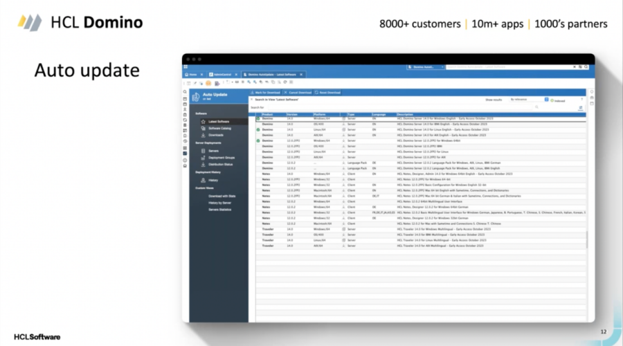 HCL Domino interface on screen showing auto update details. Text: "8000+ customers, 10m+ apps, 1000’s partners." Clean, professional design.