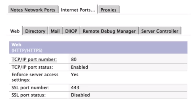 Network settings interface showing web port details: TCP/IP port 80 is enabled; SSL port 443 is disabled. Tabs include Web and Mail.