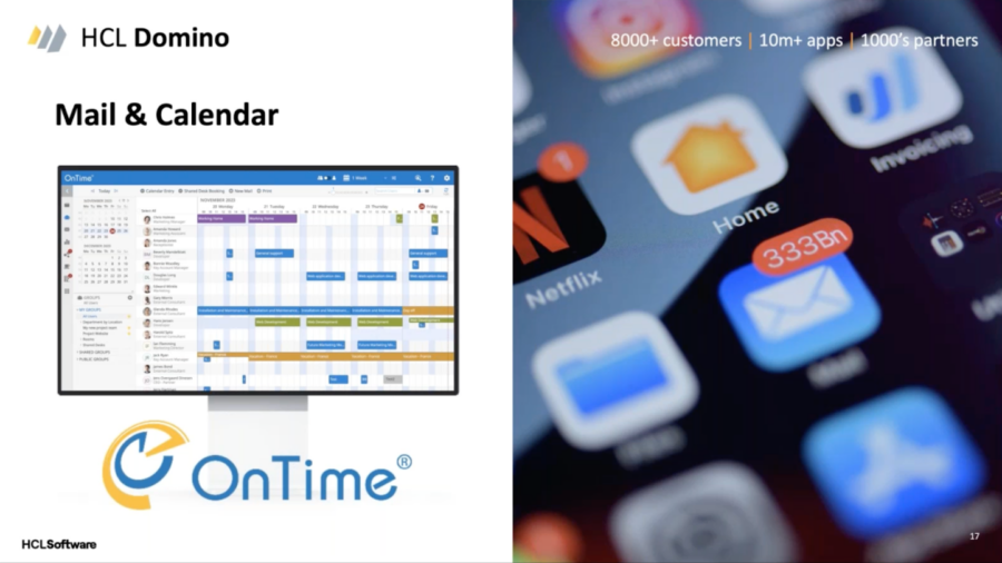 HCL Domino Mail & Calendar ad features OnTime on a monitor. Phone screen with app icons; email shows 3338 messages. Text: "8000+ customers..."