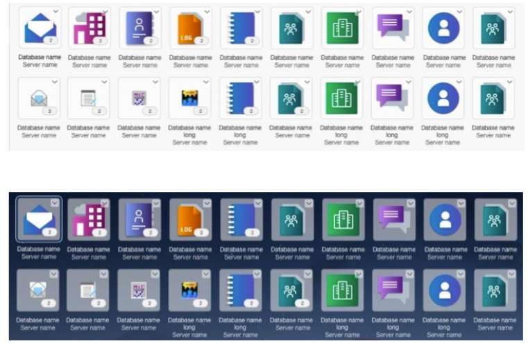 Grid of colorful app icons with labels like "Database name" and "Server name," featuring various symbols. Top on white, bottom on dark background.
