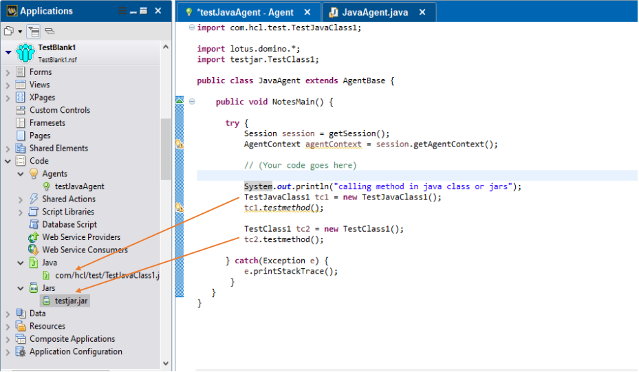 IDE interface showing Java code for a session agent. Highlighted lines read "calling method in java class or jars". Side panel lists files.