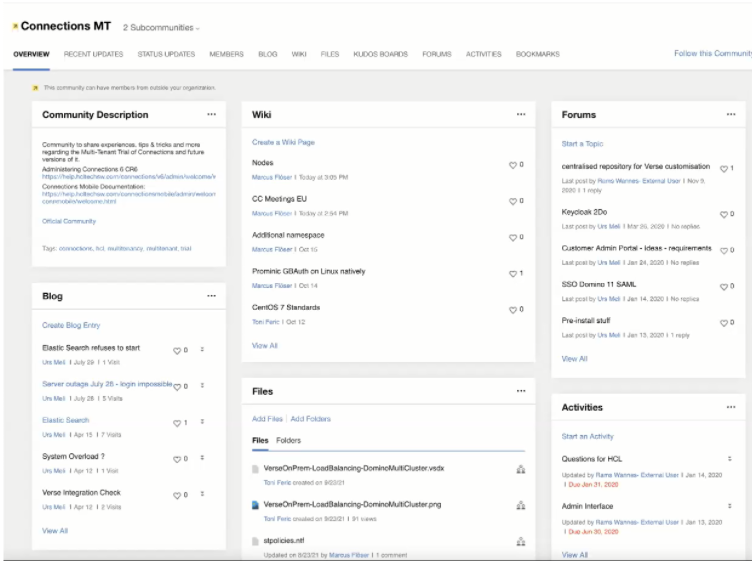 Dashboard interface with sections: Community Description, Blog, Wiki, Forums, Files, and Activities. Text and links visible, clean layout.