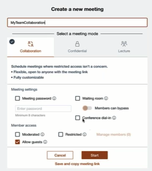 Meeting setup interface showing options: Collaboration mode, password setting, and guest allowance. Buttons for Cancel and Start are visible.