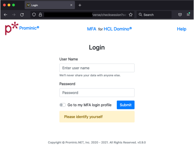 Login page for Prominic MFA for HCL Domino. Fields for username and password with "Submit" button. Text: "Please identify yourself."