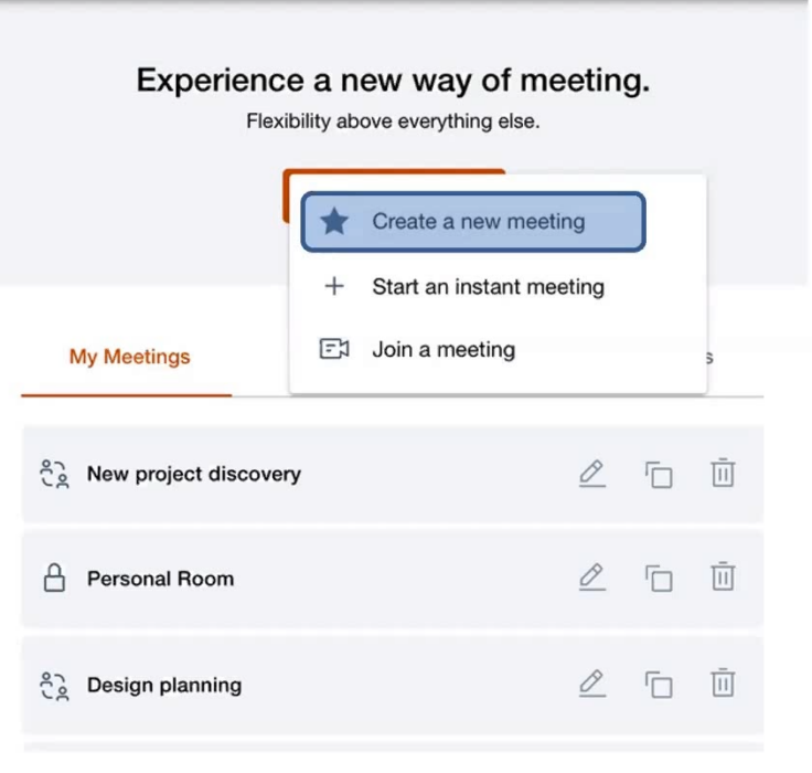 Meeting interface showing options: "Create a new meeting," "Start an instant meeting," and "Join a meeting." List includes project tasks.