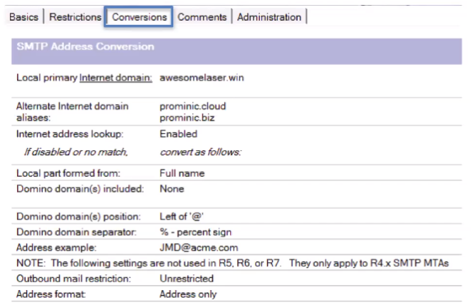 SMTP Address Conversion settings table with domains, lookup status, format, and restrictions. Includes note on version applicability.