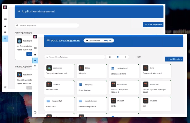 Application management interface showing active and inactive apps, database tiles, and options to add apps or databases. Blue and white theme.