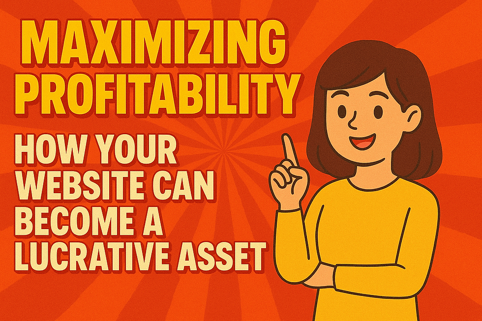 Wide digital graphic with a bold red-orange sunburst background. The headline reads 'Maximizing Profitability' in bright yellow, followed by 'How Your Website Can Become a Lucrative Asset' in large cream-colored text. On the right side, a cute cartoon woman in a yellow shirt smiles and points upward, adding a friendly and engaging visual element.