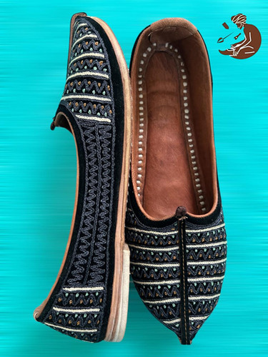 Traditional Rajasthani Mojari with Turquoise White Tribal Embroidery  Jutti Rajasthani Crafts - Main Image