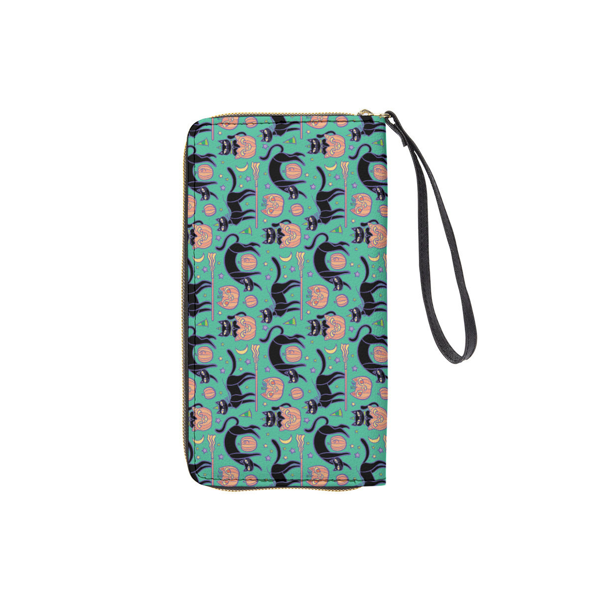 Spooky Halloween Kitties in Green Long Wallet With Black Hand Strap