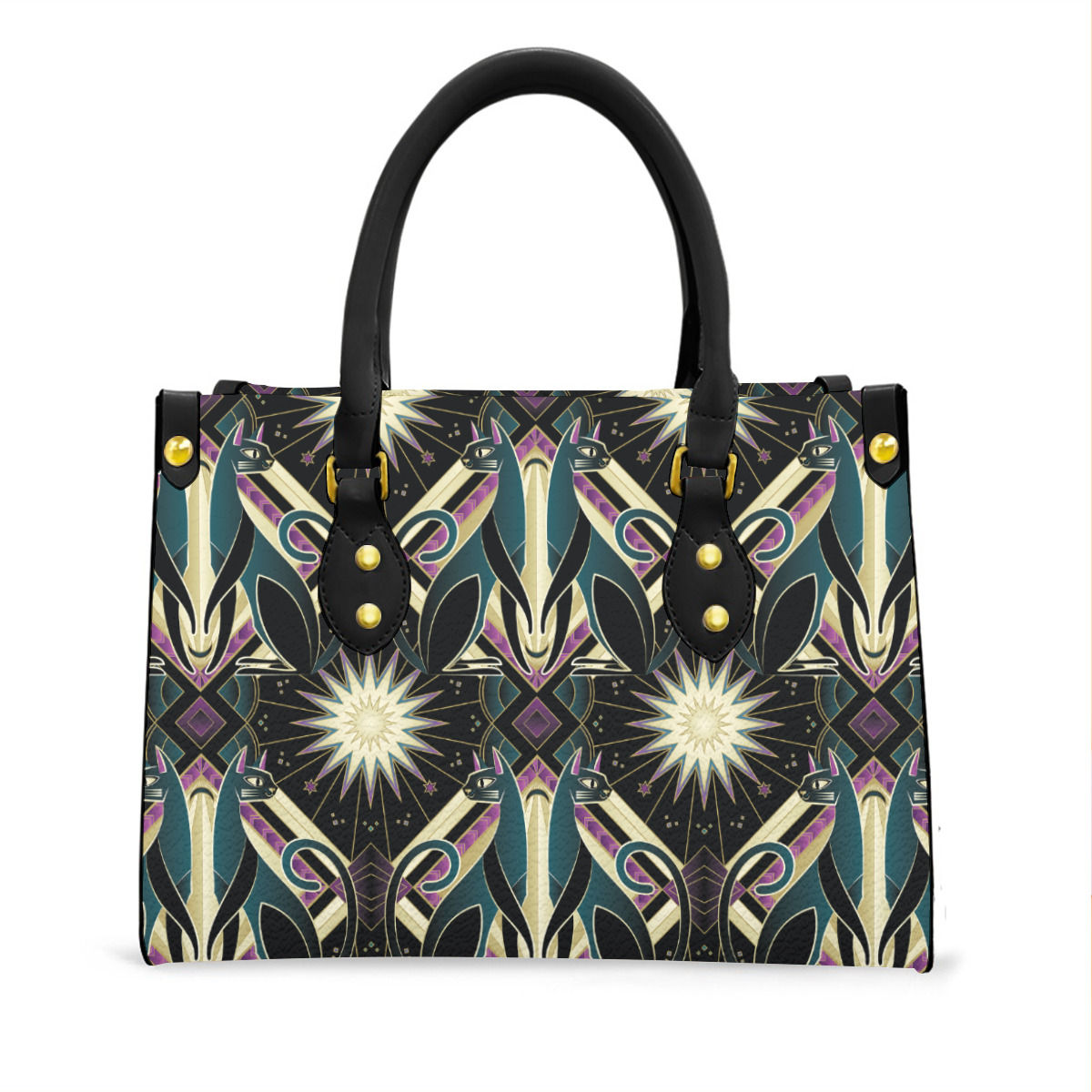 Deco Sun Cats in Jewel Tones Women's Tote Bag With Black Handle