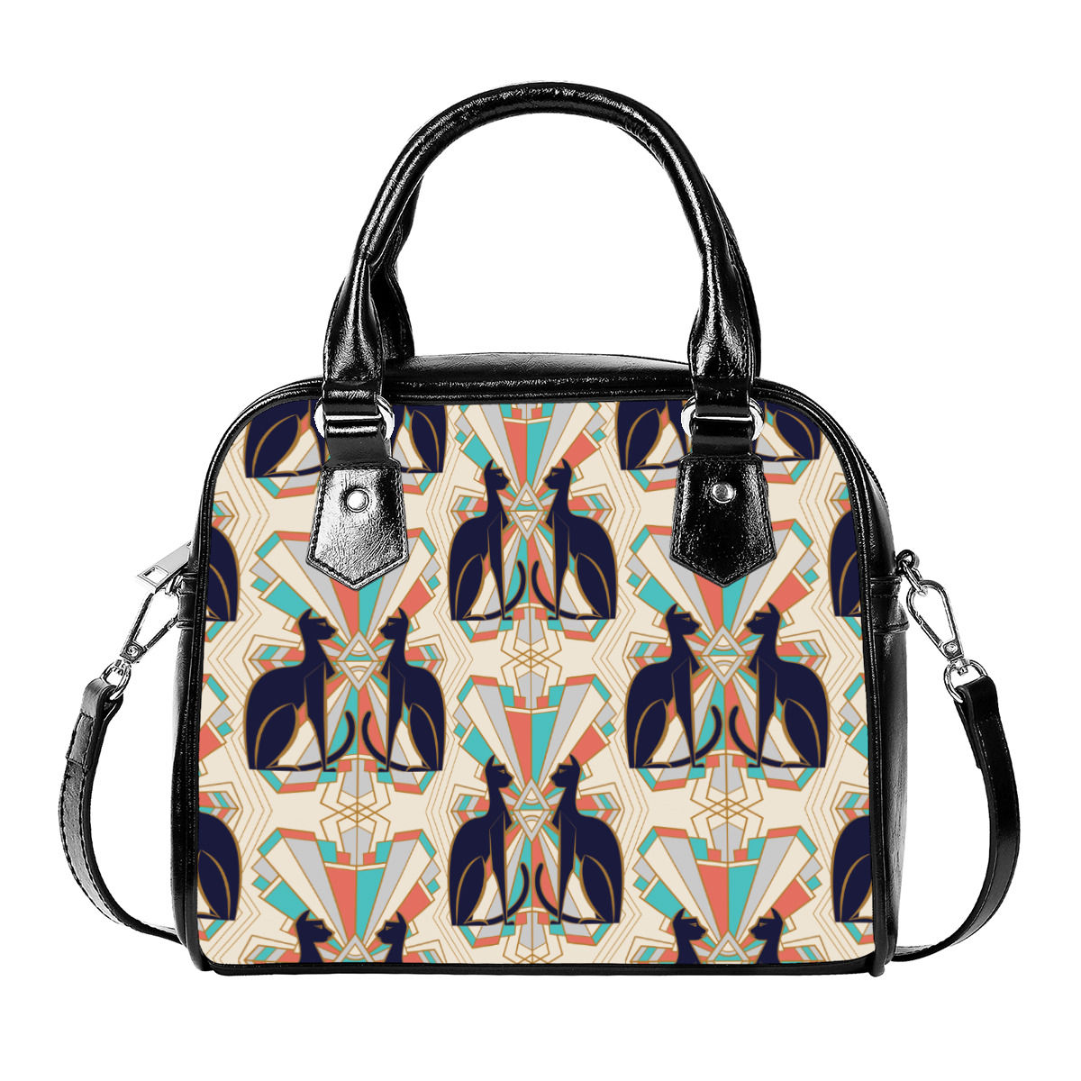Black Art Deco Cats in Southwestern Colors Classic Vegan Leather Satchel