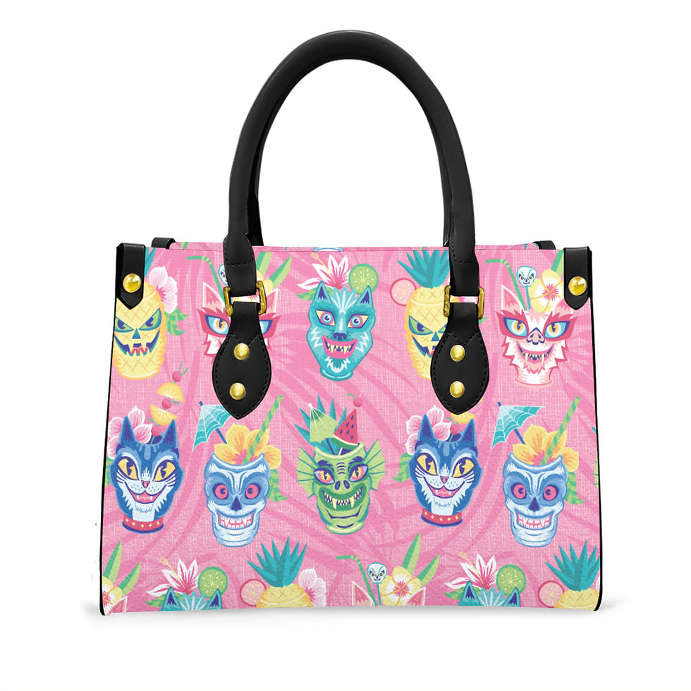 Monster Tiki Mugs in Pink Tote Bag With Black Handle