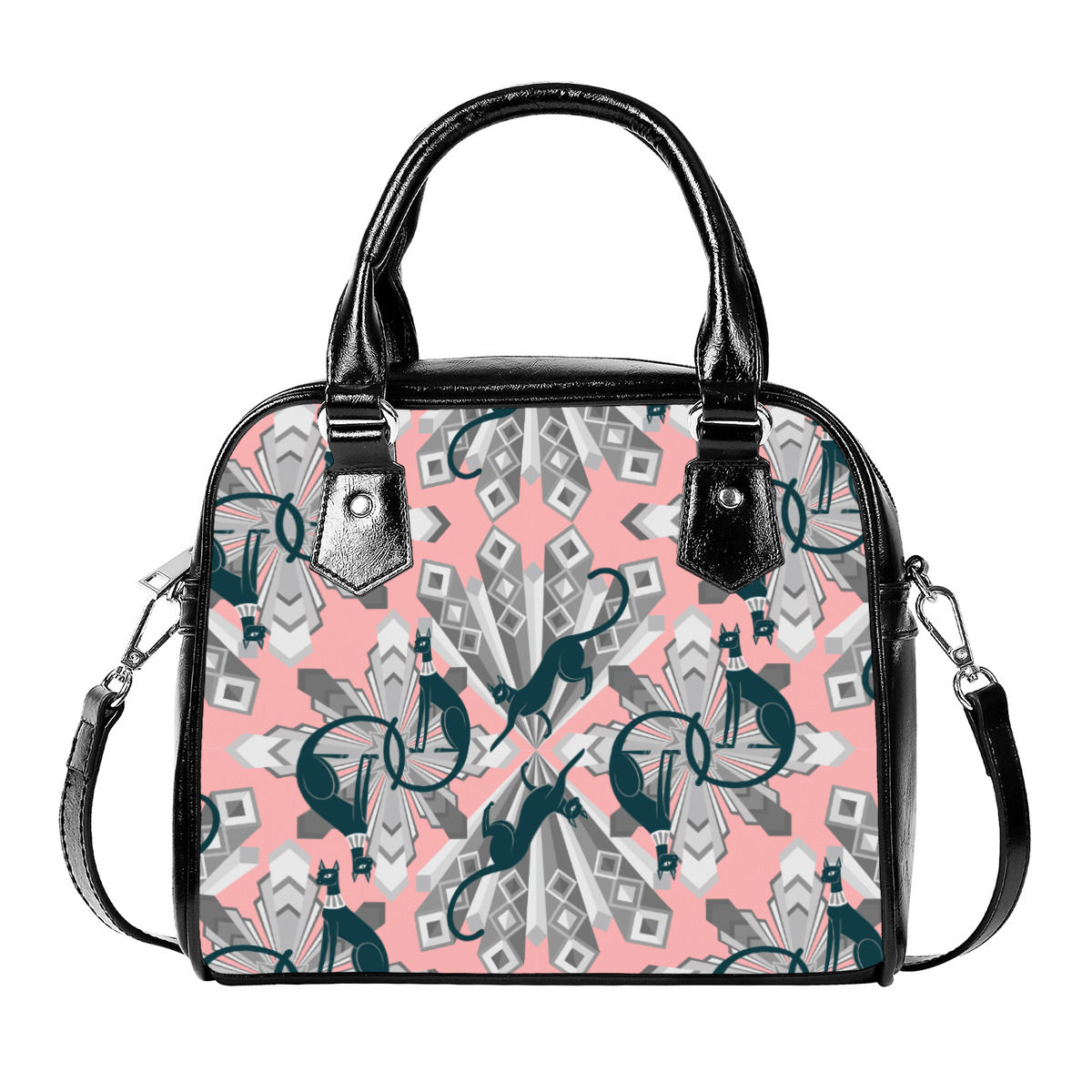 Elegant Art Deco Cats in Pink and Grey Handbag With Single Shoulder Strap
