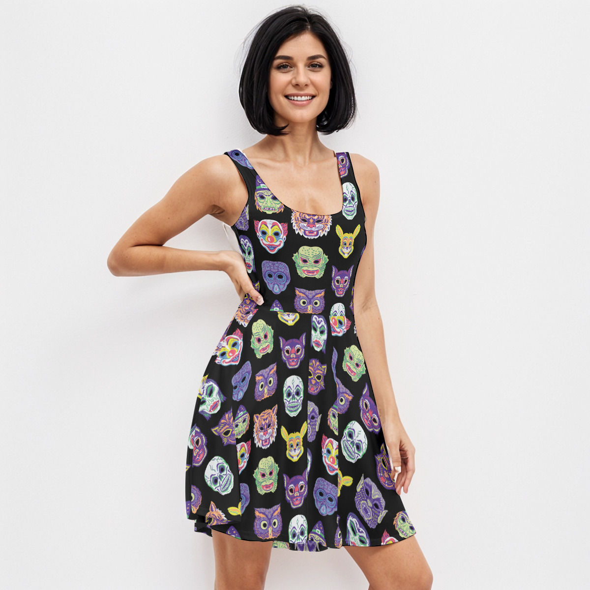 Vintage Halloween Masks Pocket Skater Dress