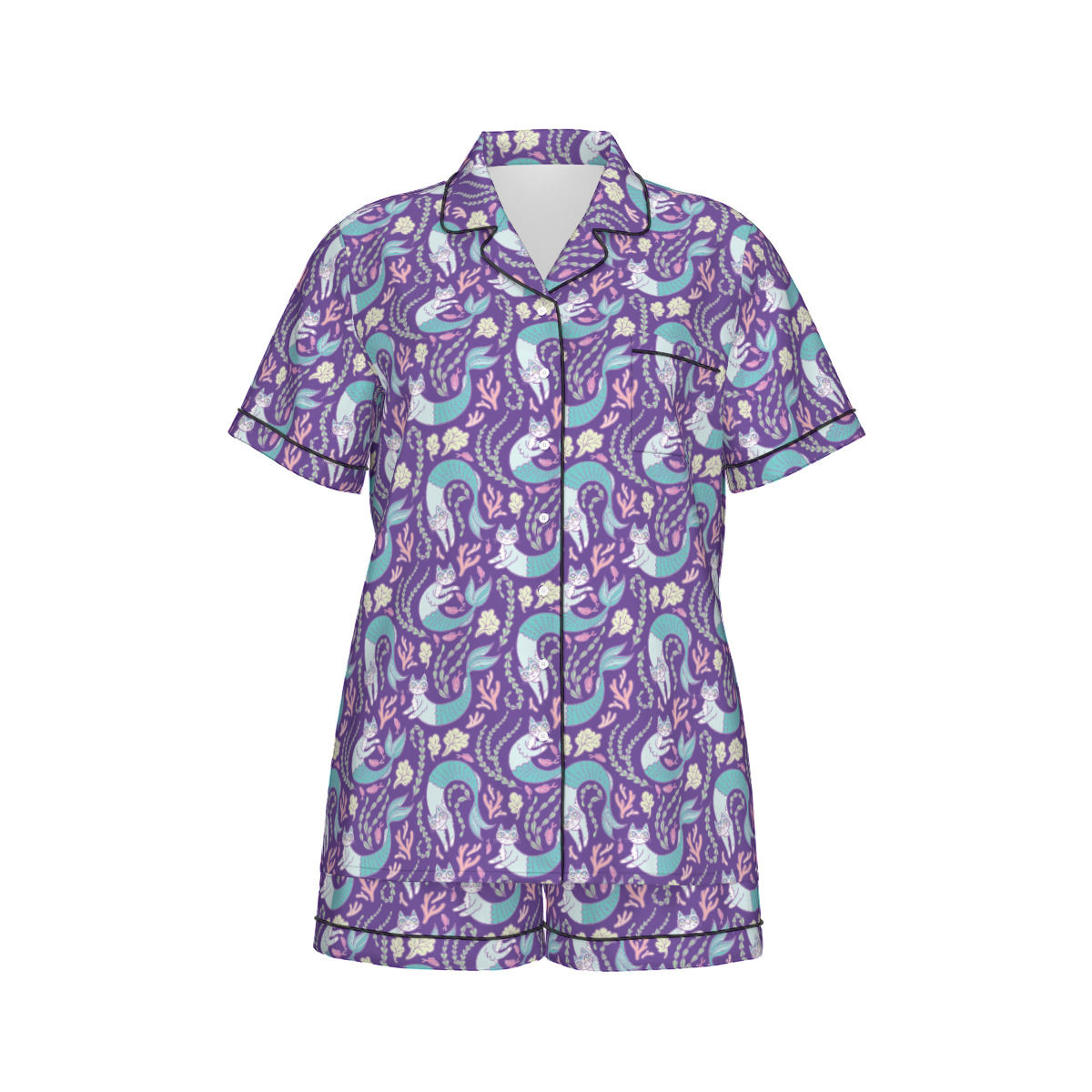 Meowmaids in Purple Silk Pajama Set With Short Sleeve