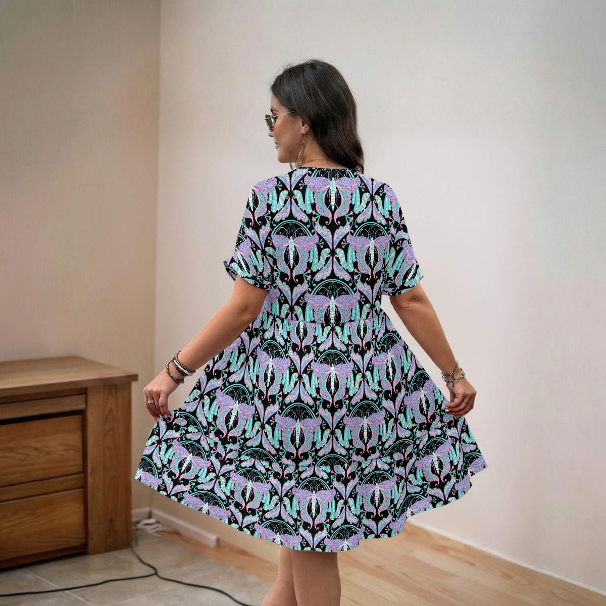 Metamorphosis Moths Boho Flowy V-Neck Short Sleeve Dress