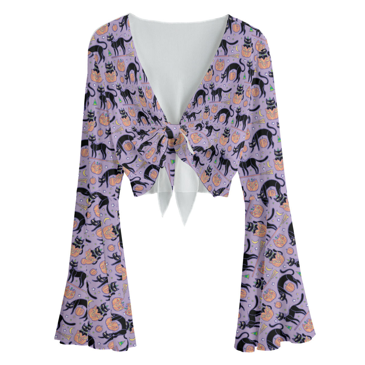 Spooky Halloween Kitties Tie Front Mesh Blouse