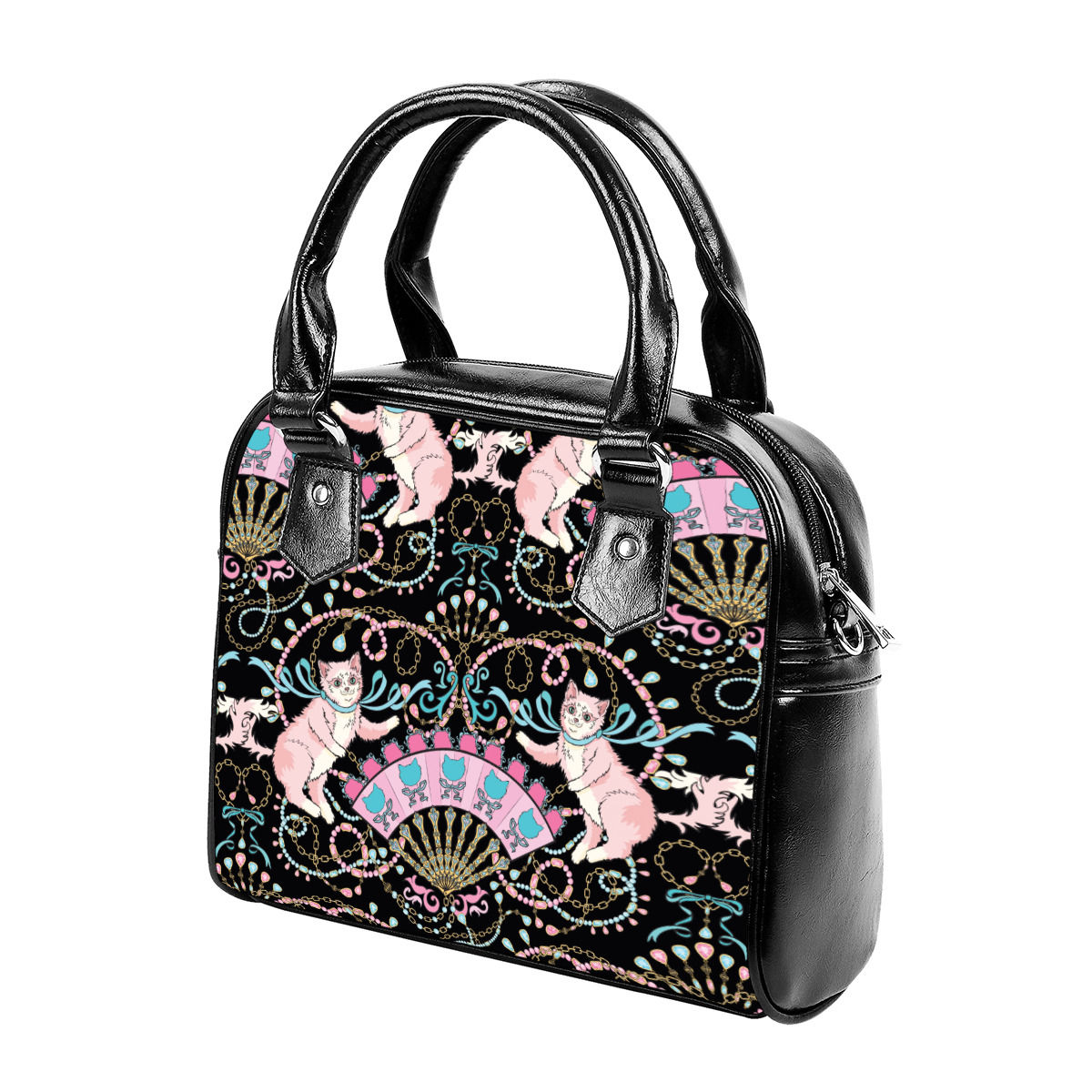 Rococco Kittens in Black Handbag With Single Shoulder Strap