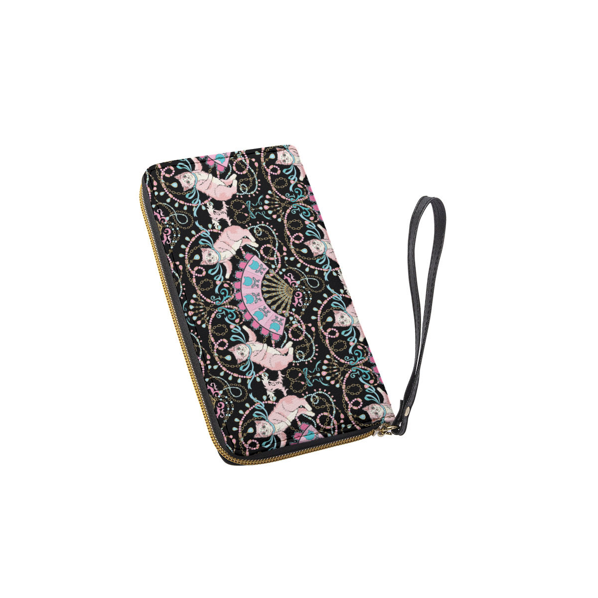Rococco Kitten in Black Long Wallet With Black Hand Strap