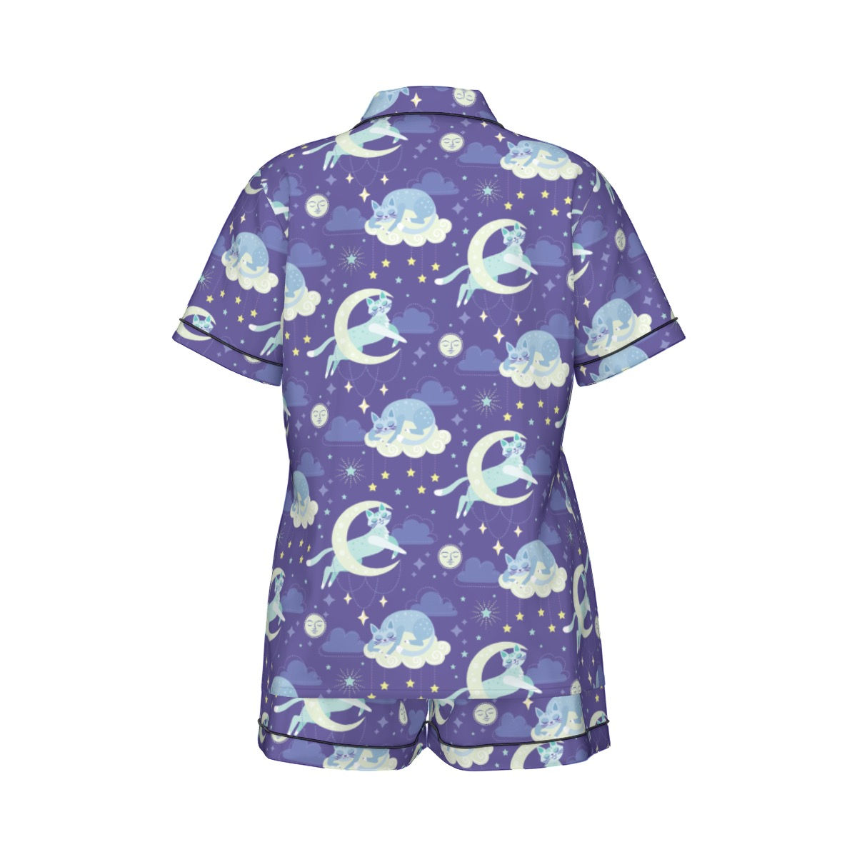 Sleepy Time Kitty Silk Pajama Set With Short Sleeve