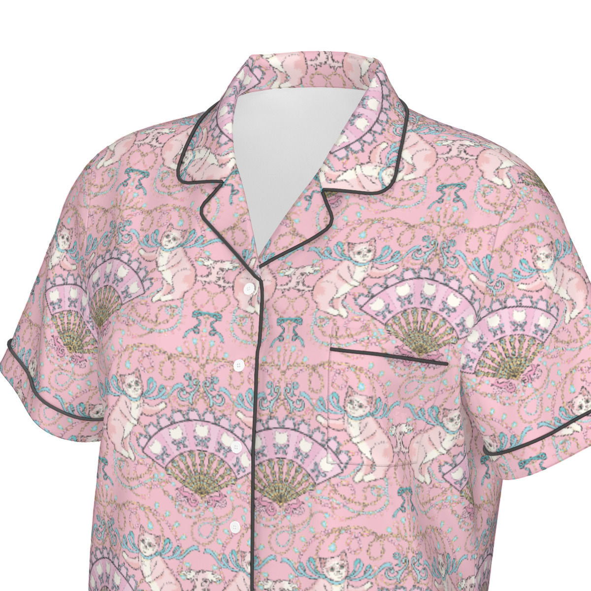 Rococco Kittens in Pink Silk Pajama Set With Short Sleeve