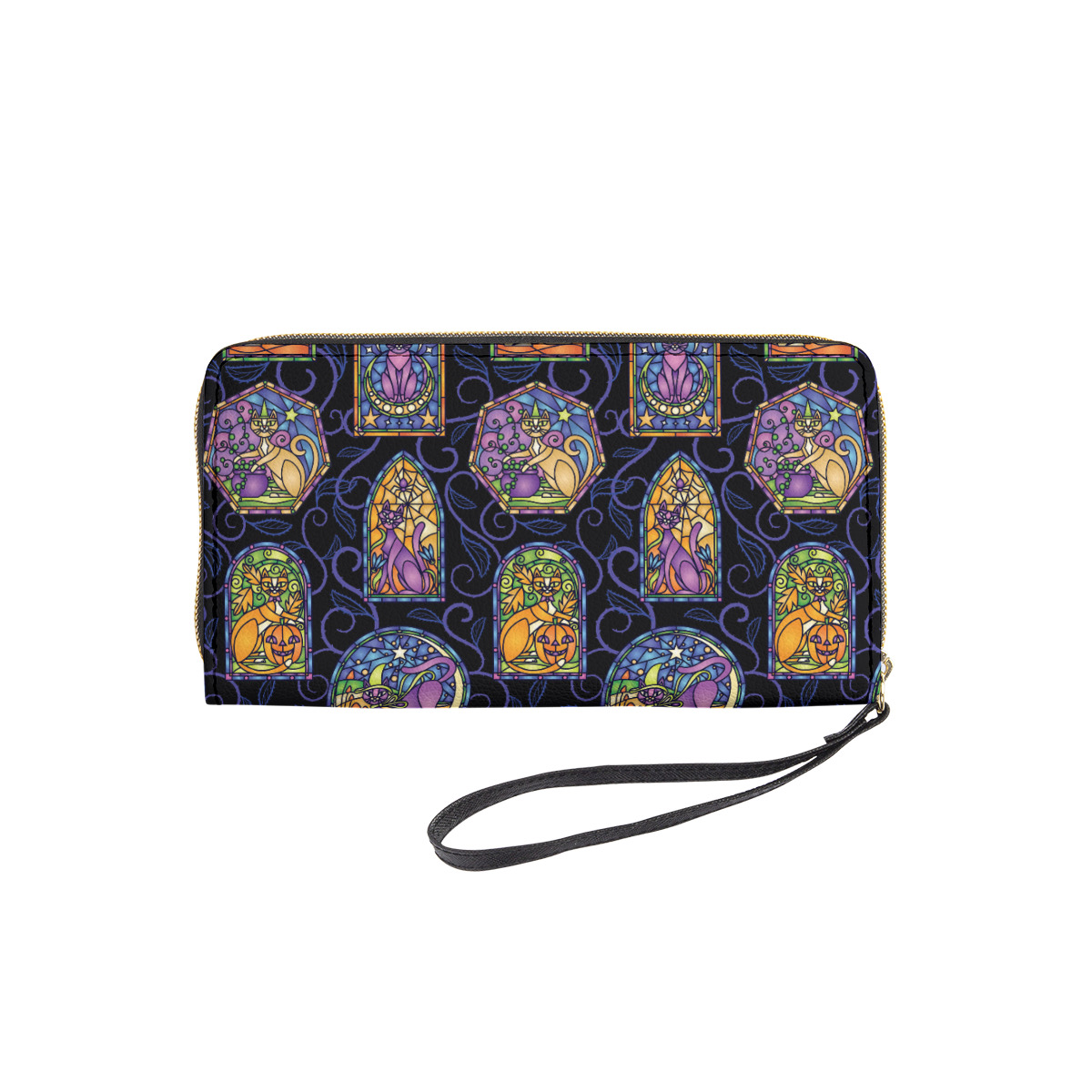 Haunted Halloween Stained Glass Cats Long Wallet With Black Hand Strap