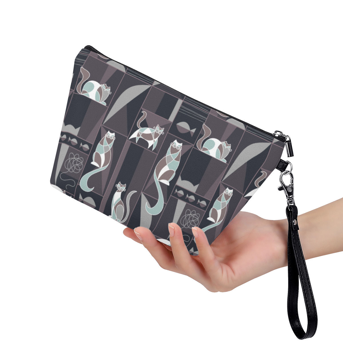 Everything Zipper Bag With Black Handle Modernist Cats in Grey