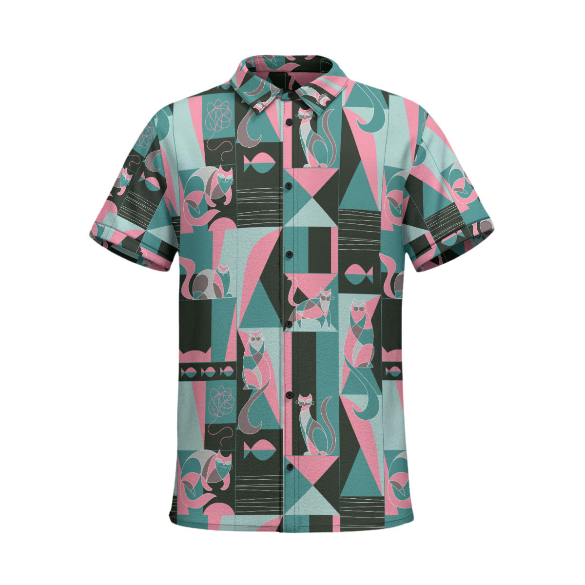 Cotton Poplin Button Up Shirt in Modernist Cats in Pink and Teal