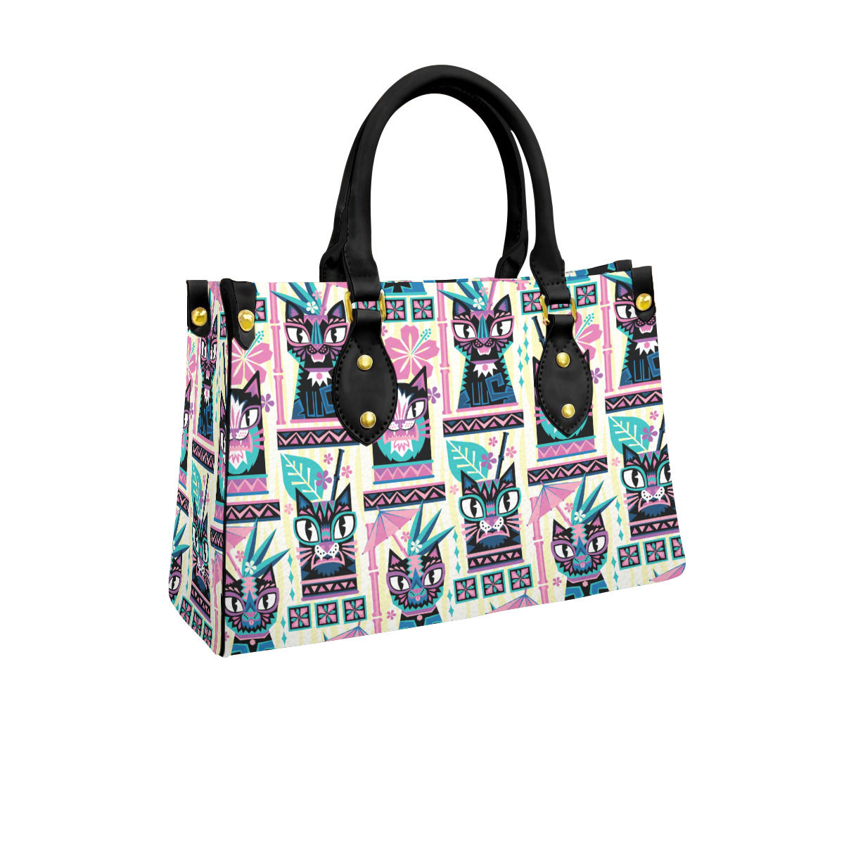 Pink Tiki Kitty Mugs Tote Bag With Black Handle