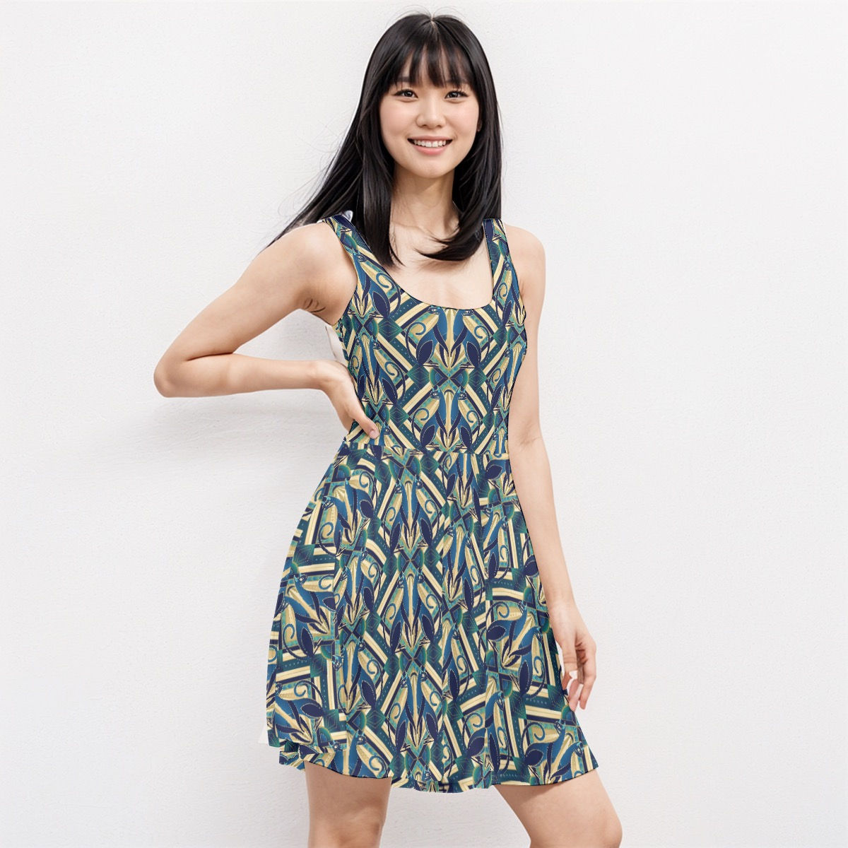 Art Deco Geometric Cats Pocket Skater Dress