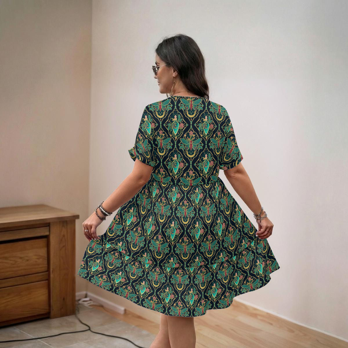 Potion Bottles Boho Flowy V-Neck Short Sleeve Dress