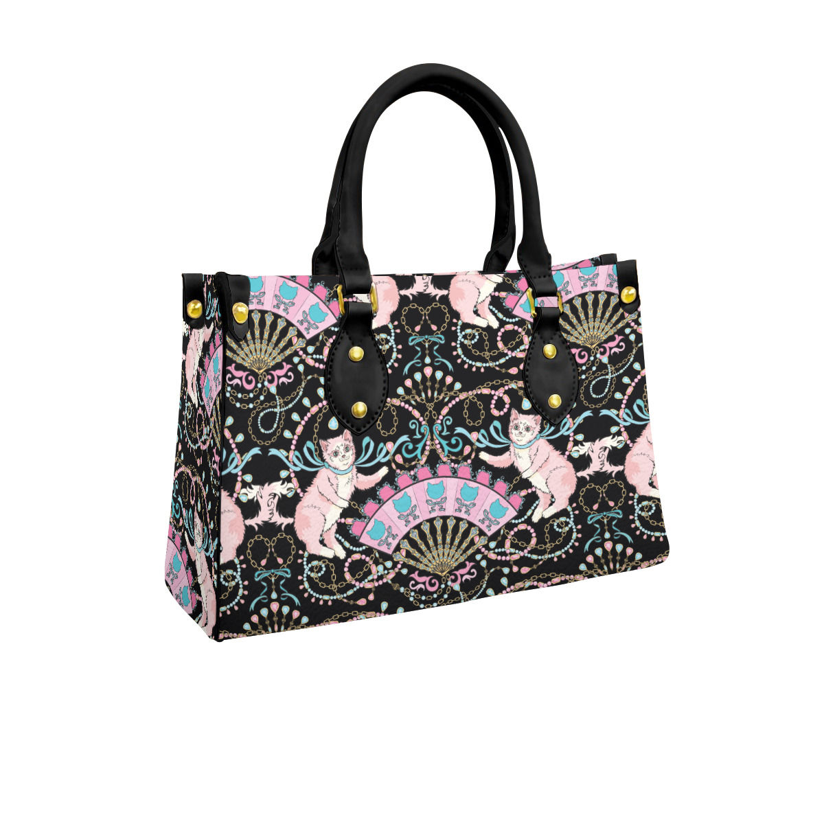 Rococco Kittens in Black Structured Mini Tote Handbag
