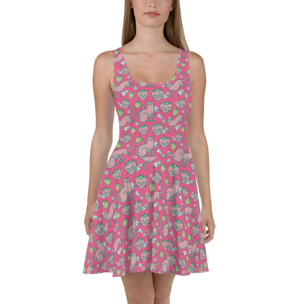 Strawpurry Cats Skater Dress in Pink
