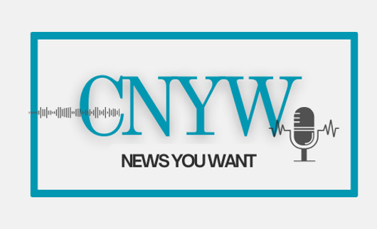 Business logo reading CNYW, News You Want, there is a microphone graphic and it is outlined in a teal blue color