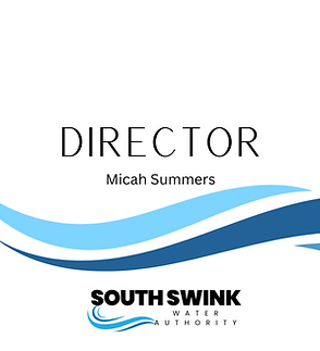 A graphic showing the title, "Director" Michah Summers with a design element swish behind it, it's navy blue in color.  The South Swink Water Authority logo is at the bottom of the graphic.