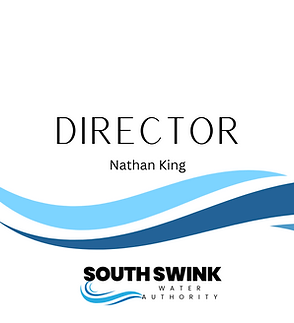 A graphic showing the title, "Director" Nathan King with a design element swish behind it, it's navy blue in color.  The South Swink Water Authority logo is at the bottom of the graphic.