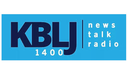 KBLJ AM 1400 radio station logo. Bold navy blue letters with 1400 in white under it. It reads, news talk radio and the background is a turquoise blue.