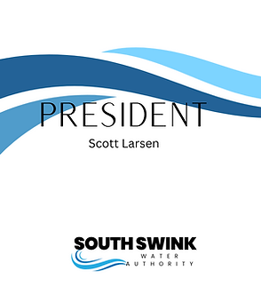A graphic showing the title, "President" Scott Larsen with a design element swish behind it, it's navy blue in color.  The South Swink Water Authority logo is at the bottom of the graphic.