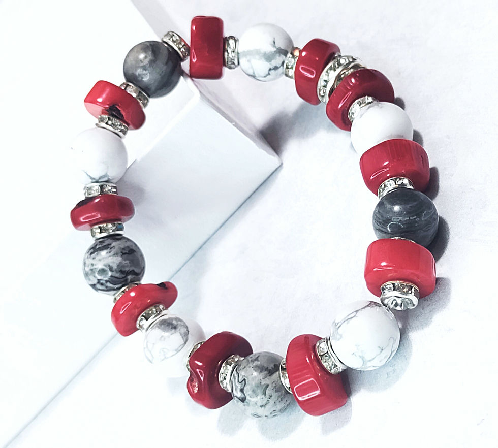 Grey Picasso Jasper and Red Coral Gemston Bracelet