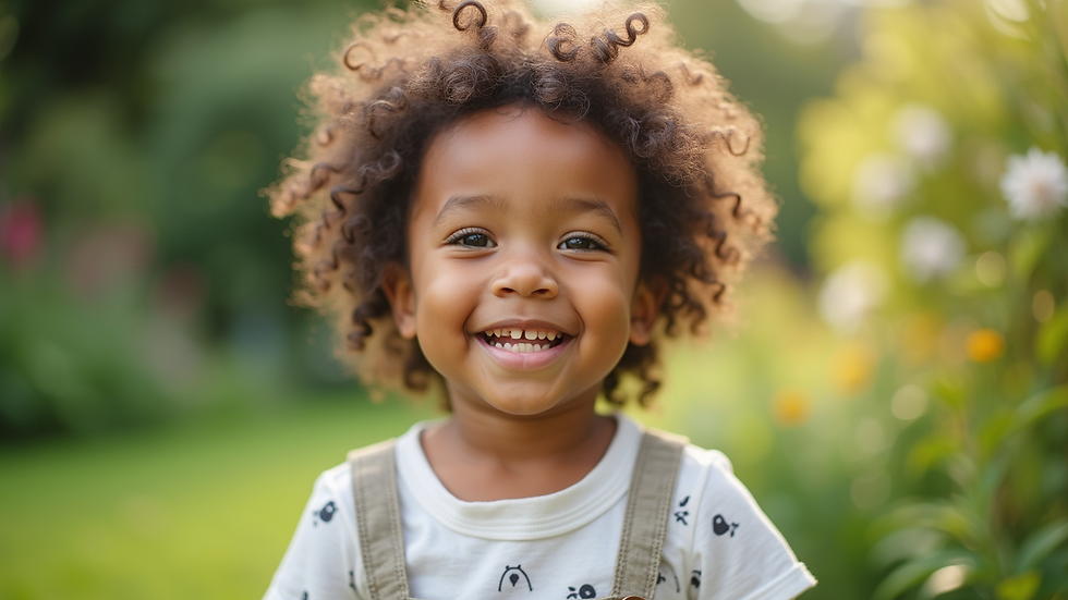 close-up view of child smiling naturally in outdoor garden