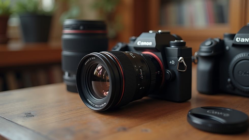 close-up view of camera lens and photography equipment on wooden table
