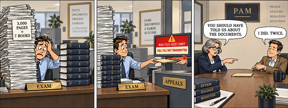 Editorial cartoon showing an IRS examiner unable to transmit 3,000 pages and seven books through RGS, followed by Appeals blaming the taxpayer in PAM.